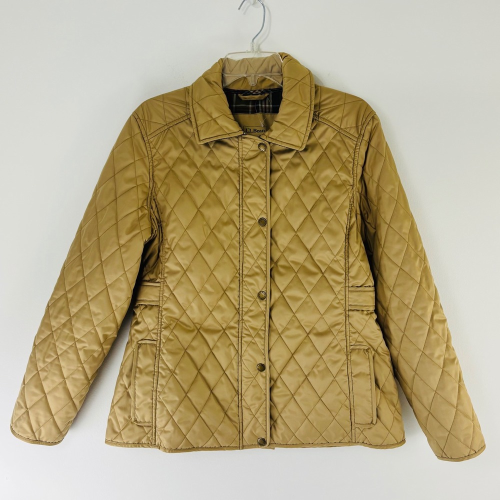 LL Bean Womens Quilted Riding Jacket‎ Tan Plaid Lined Medium Petite Zip Snap